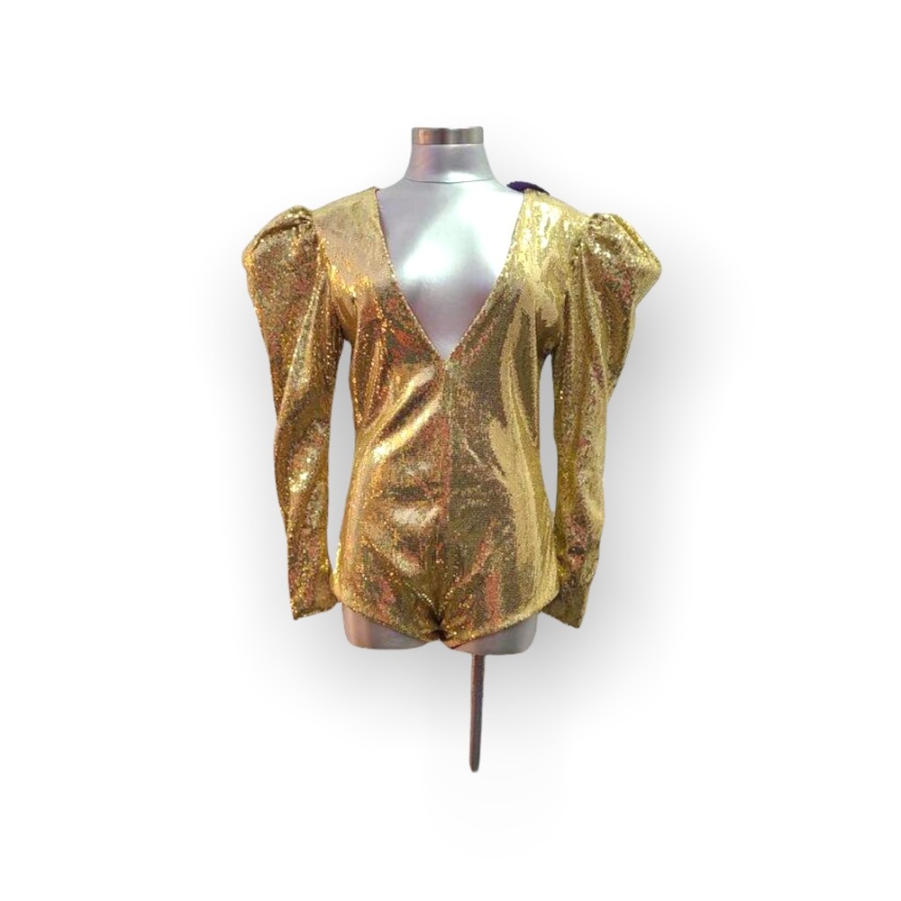 Designer Maggie Barry custom made gold sequins  exaggerated shoulders bodysuit.